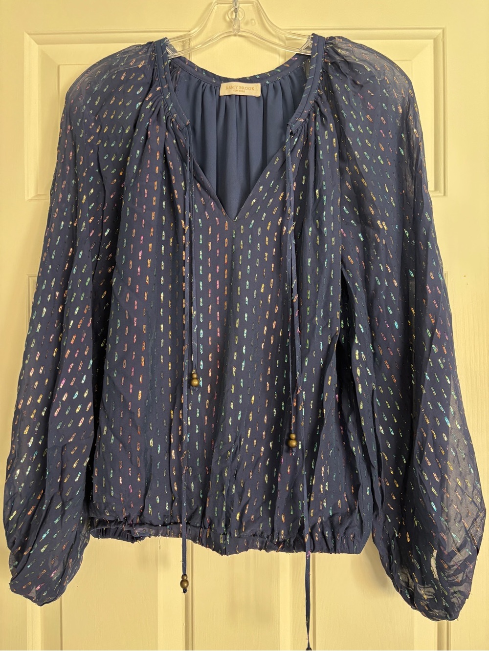Ramy Brook Navy Metallic Dot Silk Blend Tie Neck Blouson Blouse